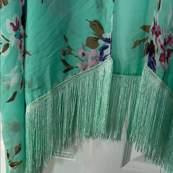 Mint Floral Kimono Coverup with Fringe - Picture 3 of 4